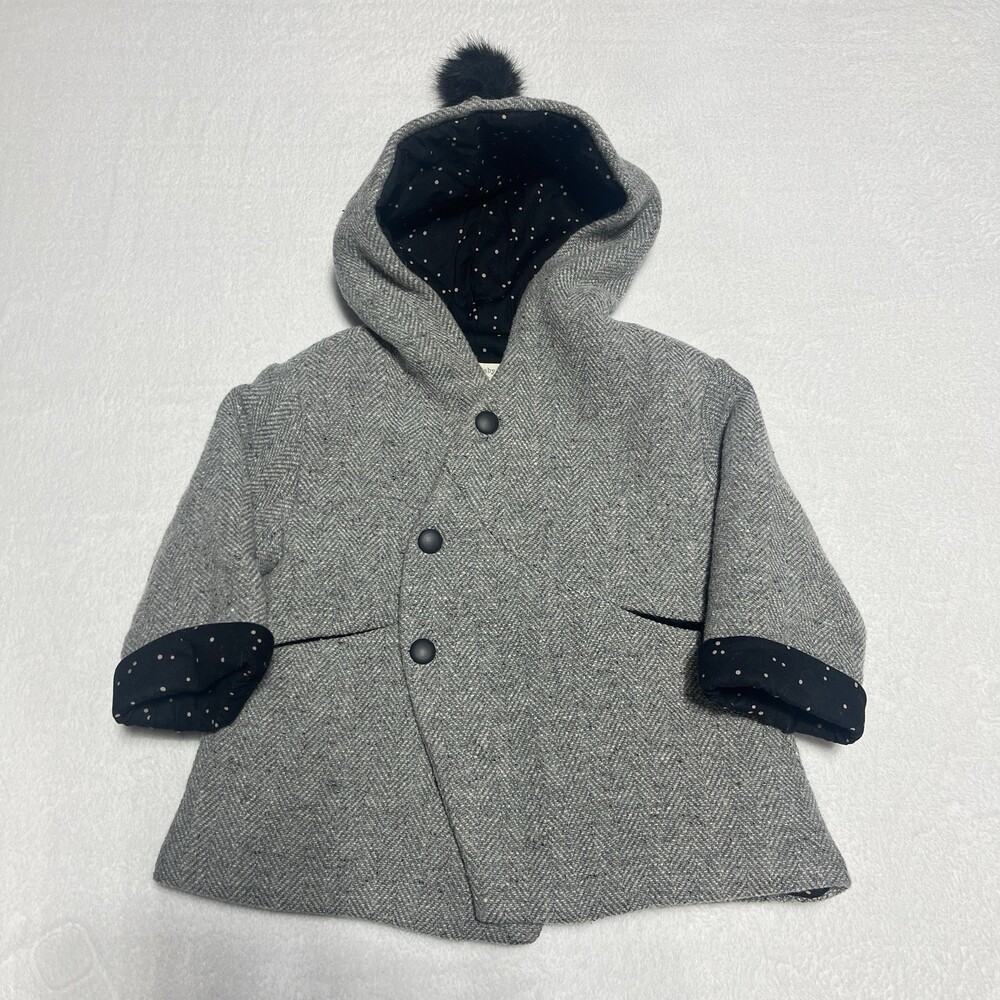 Zara Baby Hooded Wool Blend Coat Grey Herringbone Pom Pom Plush Lining 18-24M